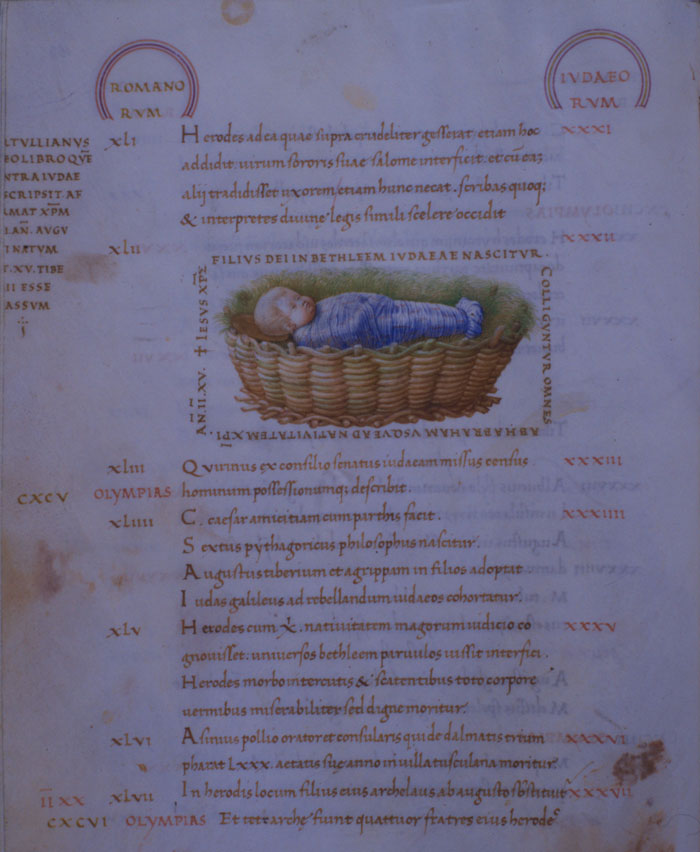 A. MANTEGNA, Ges Bambino nella mangiatoia, tempera su pergamena, <br>Biblioteca Nazionale Marciana, Venezia, 1450, f. 133v del Marc. Lat. IX, 1 (=3496).