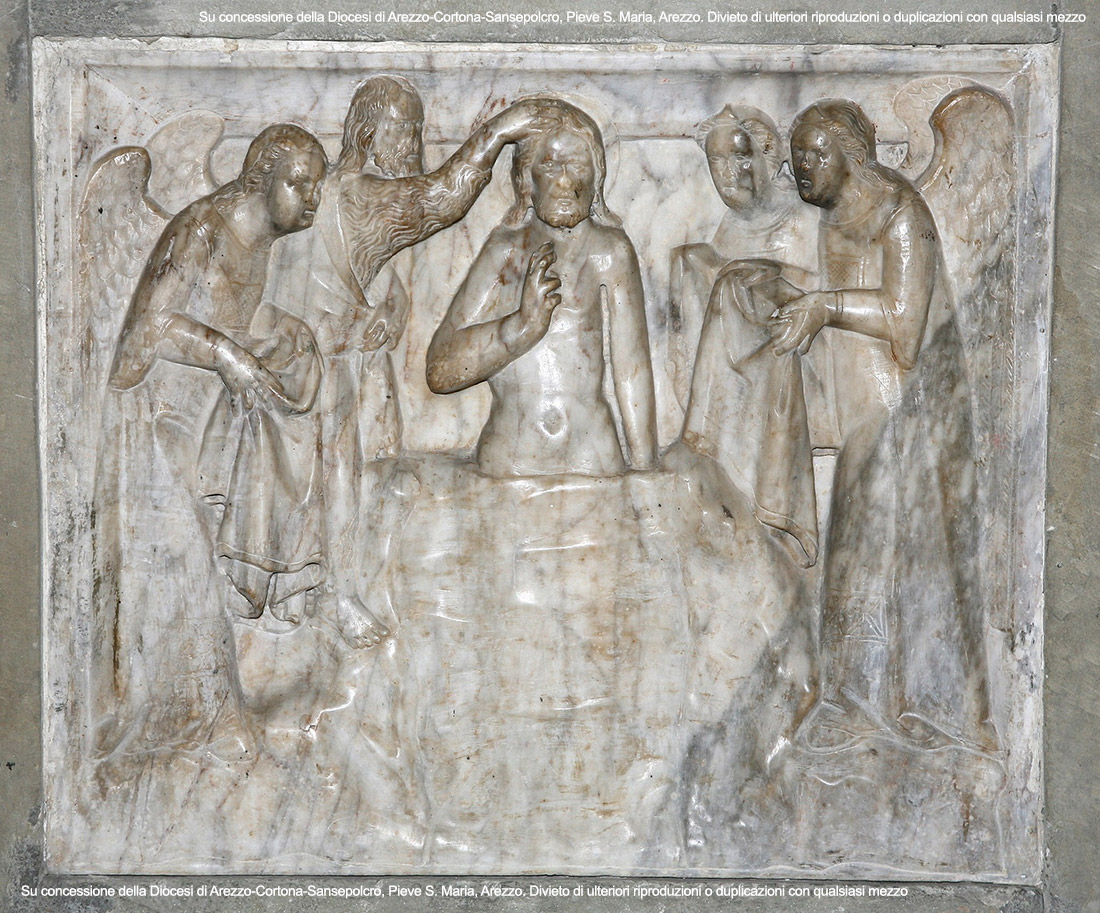 Giovanni dAgostino, Il battesimo di Cristo, Fonte Battesimale, Pieve di Santa Maria, 1332-1333, Arezzo.